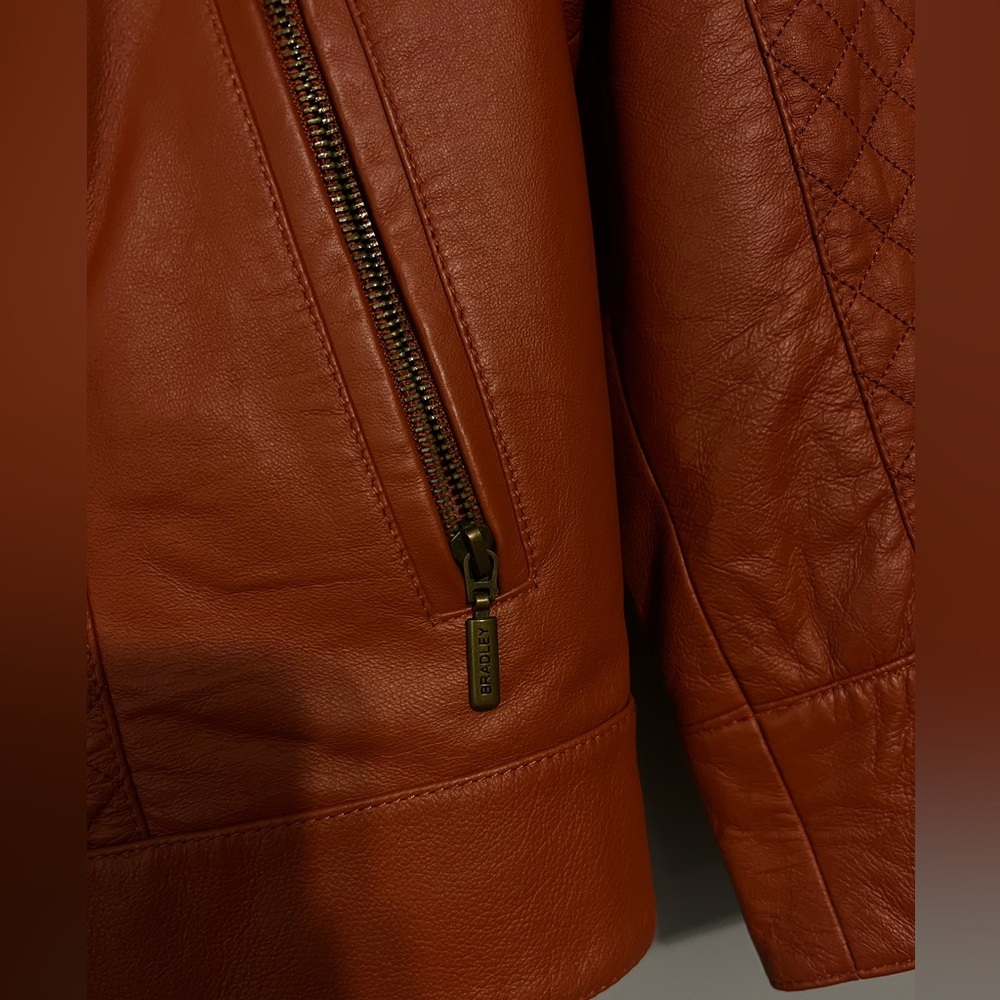 Bradley Bayou 100% Leather Jacket Womens Burnt Orange Quilted Full Zip Pockets - Picture 6 of 6